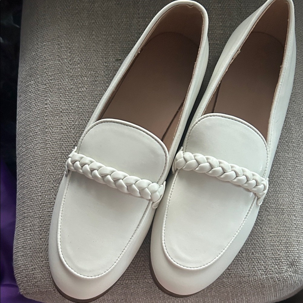 Women’s White Braided Strap Loafers — Elegant Slip-On Flats
